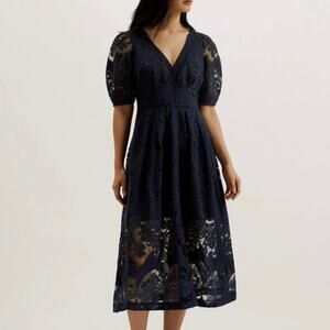 Ted Baker Agnel Lace Puff Sleeve Cotton Blend Navy Blue Midi Dress Size 5 /US 12